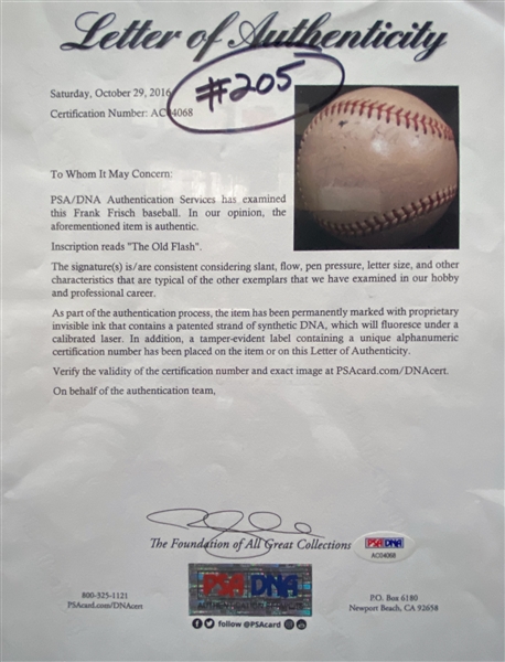 Frank Frisch Single-Signed Baseball w/ The Old Flash Inscription - PSA/DNA LOA