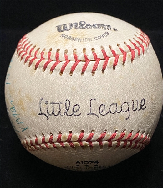 Thurman Munson Single-Signed Wilson Little League Baseball w/ JSA LOA , Inscribed To Eddie Asper, Good Luck, Xmas - 1978