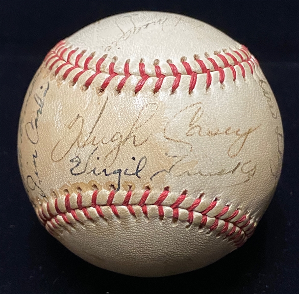 Joe DiMaggio Signed Pacific Coast League Baseball - 18 Autographs w. DiMaggio, Pee Wee Reese, Red Ruffing, Hugh Casey, Virgil Trucks, Johnny Mize, Joe Gordon, McCosky, +