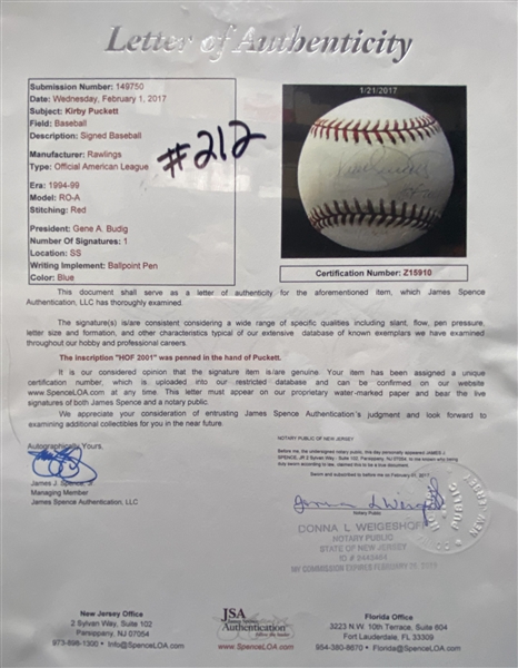 Kirby Pucket Single-Signed OAL Baseball w/ Rare HOF 2001 Inscription (JSA LOA) - Signature is Light