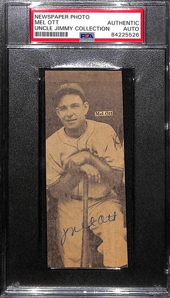Mel Ott Signed Newspaper Clipping (PSA/DNA Authenticated and Slabbed) - Approx. 4.75x1.75