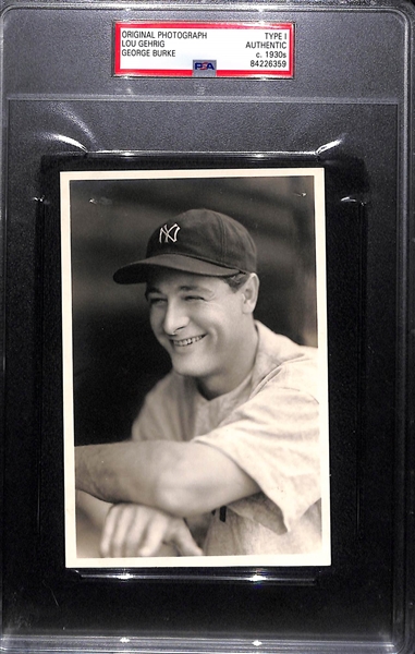 Original 1930s Lou Gehrig Type 1 Photo (4x6) From George Burke - PSA/DNA Slabbed - George Burke Stamp on Back - Legendary Lou Gehrig Pose!