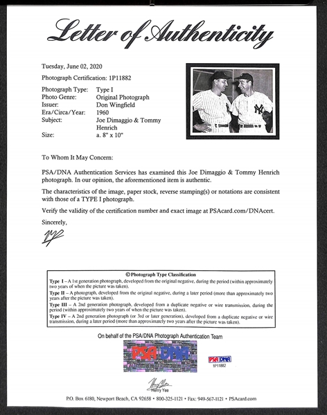 Original c. 1960 Joe DiMaggio & Tommy Henrich Type 1 Photo  (8x10) by Don Wingfield - PSA/DNA Letter of Authenticity