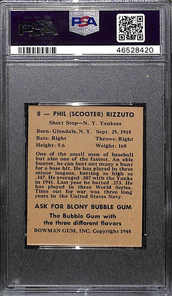 1948 Bowman Phil Rizzuto #8 Rookie Graded PSA 8(OC)
