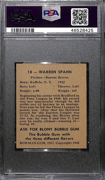 1948 Bowman Warren Spahn #18 Rookie Graded PSA 6