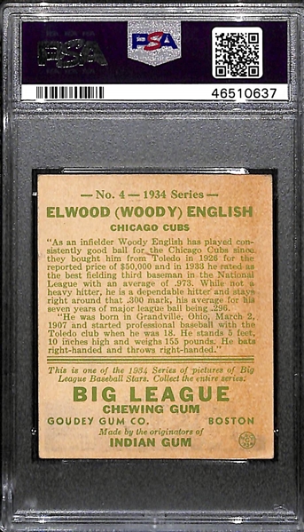 1934 Goudey Woody English #4 PSA 4 (Autograph Grade 6) - Only 3 Ever Graded By PSA, d. 1997
