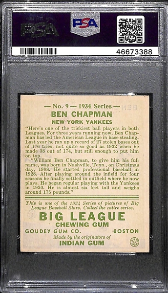 1934 Goudey Ben Chapman #9 PSA 5 (Autograph Grade 7) - Only 1 Graded Higher, Only 3 PSA Examples. d. 1993