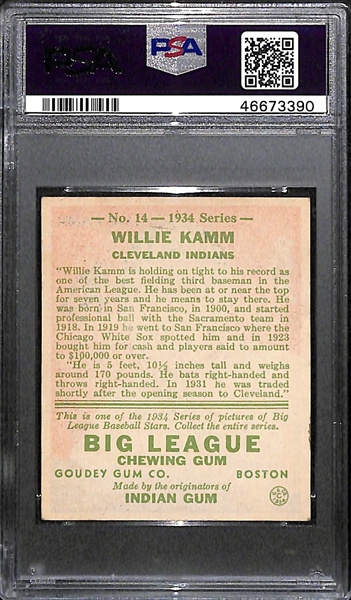 1934 Goudey Willie Kamm #14 PSA 5 (Autograph Grade 7) - Pop 1 (Highest Grade, Only 2 PSA Examples Exist), d. 1988