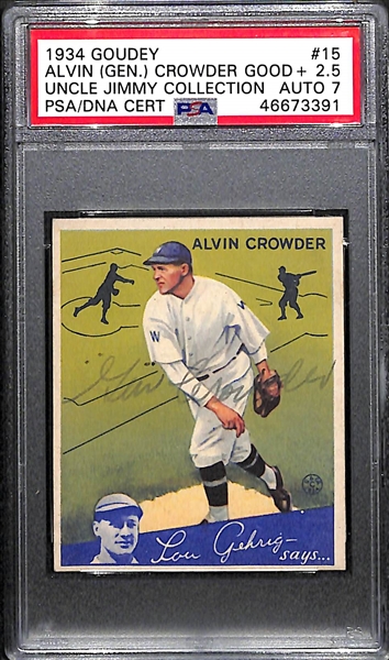 RARE 1/1 1934 Goudey Alvin General Crowder #15 PSA 2.5 (Autograph Grade 7) - Pop 1, ONLY ONE EVER GRADED BY PSA, d. 1972