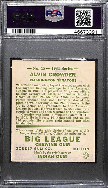 RARE 1/1 1934 Goudey Alvin General Crowder #15 PSA 2.5 (Autograph Grade 7) - Pop 1, ONLY ONE EVER GRADED BY PSA, d. 1972