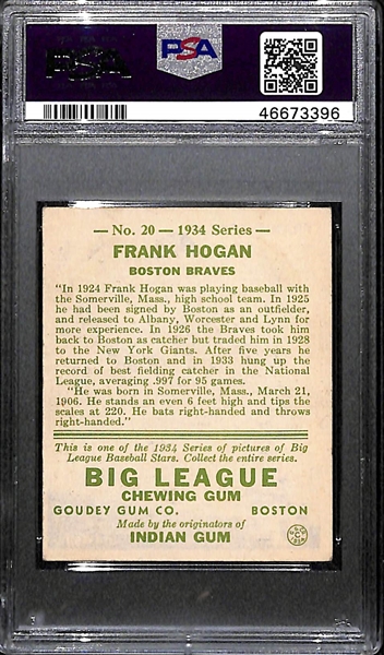 1934 Goudey Frank Shanty Hogan #20 PSA 4 (Autograph Grade 7) - None Graded Higher (Pop 2, Only 3 PSA Examples Exist), d. 1967