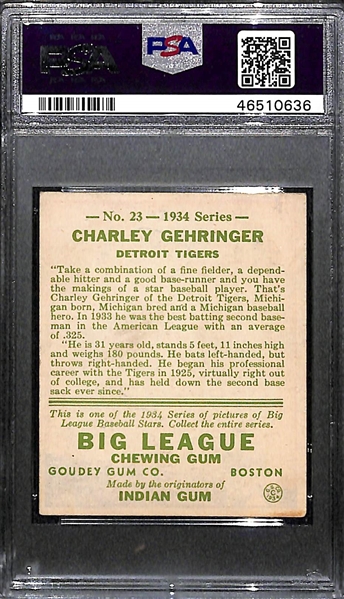 1934 Goudey Charlie Gehringer (HOF) #23 PSA 4 (Autograph Grade 7) - Only 1 PSA Example is Graded Higher! d. 1993