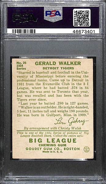 1934 Goudey Gerald Gee Walker #26 PSA 4 (Autograph Grade 8) - Only 1 is Graded Higher, Only 3 PSA Examples Exist! d. 1973