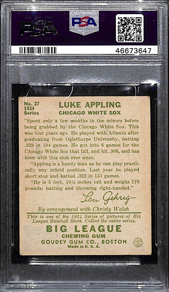 1934 Goudey Luke Appling (HOF) #27 PSA 4 (Autograph Grade 8) - Only 1 Graded Higher! d. 1991