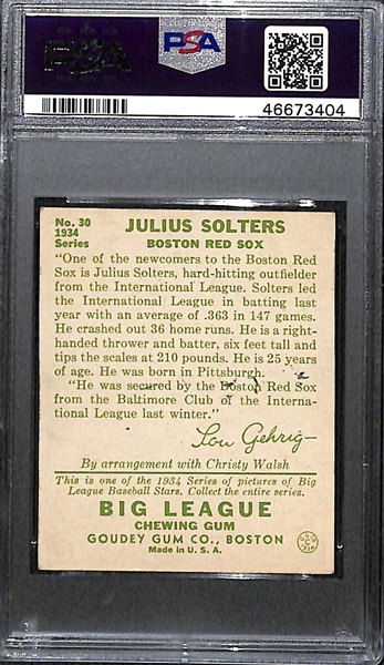 1934 Goudey Julius Solters #30 PSA 4 MK (Autograph Grade 8) - None Graded Higher (Pop 2) - Only 4 PSA Exist! d.1975