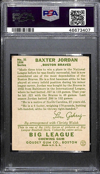 1934 Goudey Baxter Buck Jordan #31 PSA 3 (Autograph Grade 7) - Only 1 Graded Higher (4 PSA Exist), d. 1993