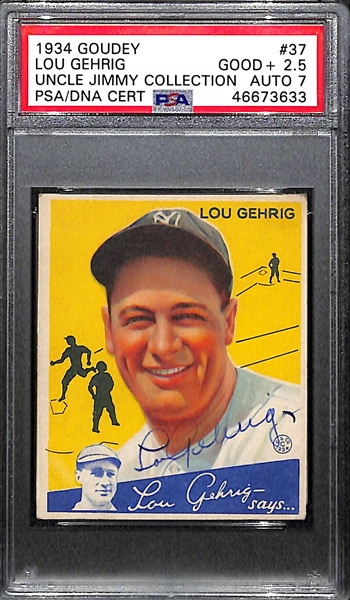 1934 Goudey Lou Gehrig (HOF) #37 PSA 2.5 (Autograph Grade 7) - Pop 1 (Only 4 PSA Exist - Others Authentic), d. 1941 - Includes JSA LOA
