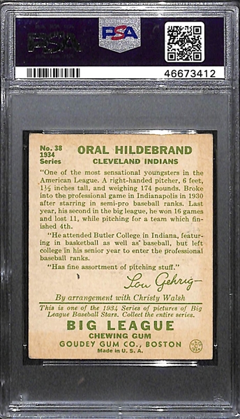 1934 Goudey Oral Hildebrand #38 PSA 4 (Autograph Grade 8) - Only 1 Graded Higher (Only 3 PSA Exist), d. 1977