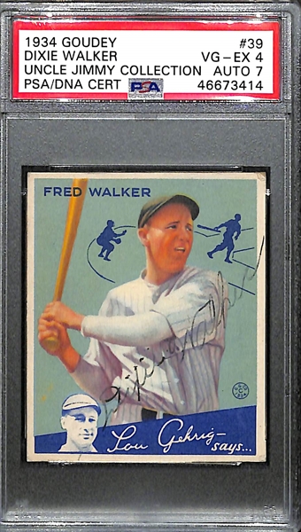 1934 Goudey Dixie Walker #39 PSA 4 (Autograph Grade 7) - Pop 1 (Only 2 Exist, Other is Authentic), d. 1982