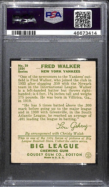 1934 Goudey Dixie Walker #39 PSA 4 (Autograph Grade 7) - Pop 1 (Only 2 Exist, Other is Authentic), d. 1982
