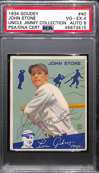 Rare (1/1) 1934 Goudey John Stone #40 PSA 4 (Autograph Grade 8) - ONLY ONE PSA GRADED - Pop 1, d. 1955