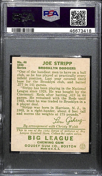 1934 Goudey Joe Stripp #46 PSA 5 (Autograph Grade 7) - Pop 1 (Only 3 Ever PSA Graded), d. 1989