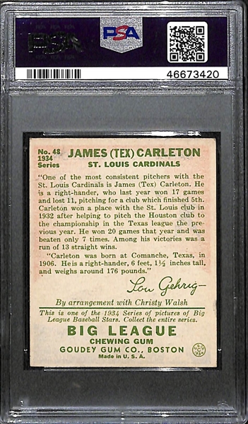 1934 Goudey Tex Carleton #48 PSA 6 (Autograph Grade 7) - Pop 1 (Only 7 PSA Graded), d. 1977