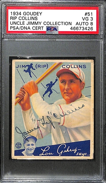 1934 Goudey Rip Collins #51 PSA 3 (Autograph Grade 8) - Pop 1 (Highest Grade - Only 2 PSA Graded), d. 1970