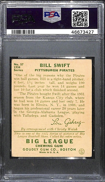 RARE (1/1) 1934 Goudey Bill Swift #57 PSA 4 (Autograph Grade 9) - ONLY ONE PSA GRADED - Pop 1, d. 1969