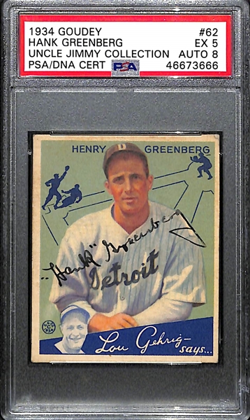 1934 Goudey Hank Greenberg (HOF) #62 PSA 5 (Autograph Grade 8) Pop 1 (Highest Grade - Only 8 PSA Graded), d. 1986