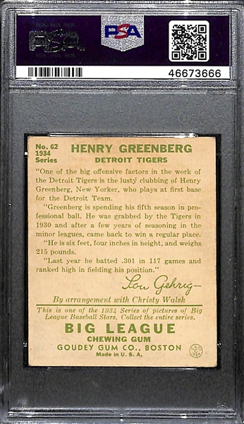 1934 Goudey Hank Greenberg (HOF) #62 PSA 5 (Autograph Grade 8) Pop 1 (Highest Grade - Only 8 PSA Graded), d. 1986