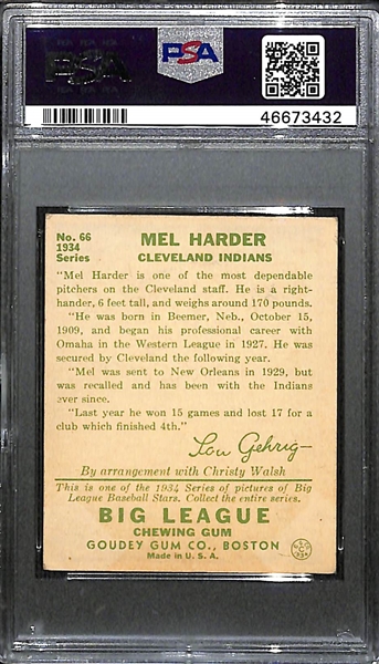 1934 Goudey Mel Harder #66 PSA 5 (Autograph Grade 9) - Pop 2 (None Graded Higher - Only 7 Exist), d. 2002
