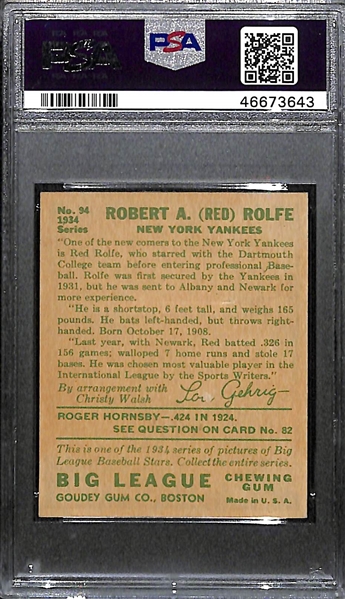1934 Goudey Red Rolfe #94 PSA 2 (Autograph Grade 9) - Pop 1 (Highest Grade of 3 PSA Graded), d. 1969