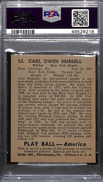 1939 Play Ball Carl Hubbell #53 Graded PSA 6