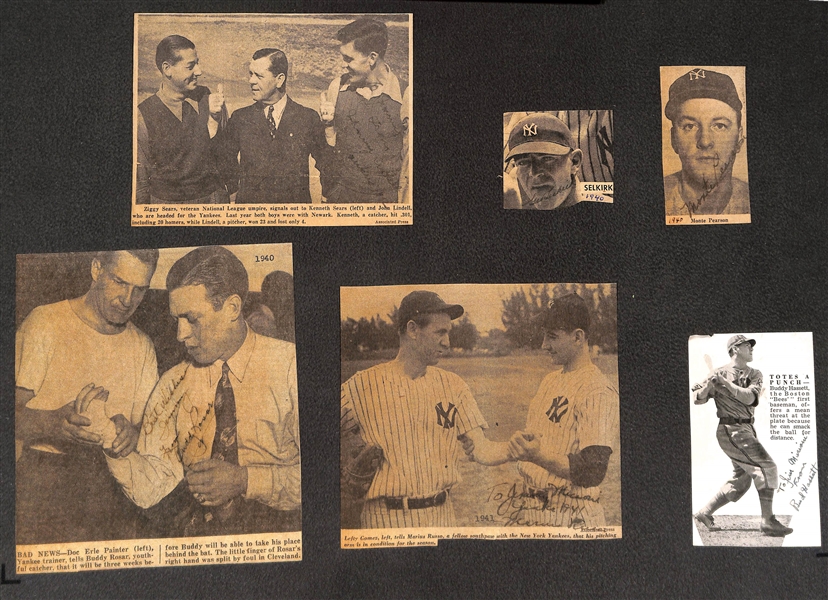 Lot of (14) Signed 1940s-50s Newpaper Clipping - Yankees Inc. Hassett, Selkirk, Lindell, Donald, Russo, Rosar, and Pearson