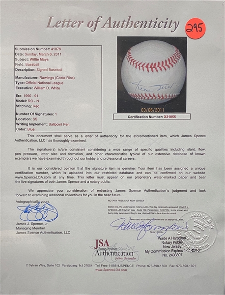 Willie Mays Single-Signed Official NL Baseball (JSA LOA)