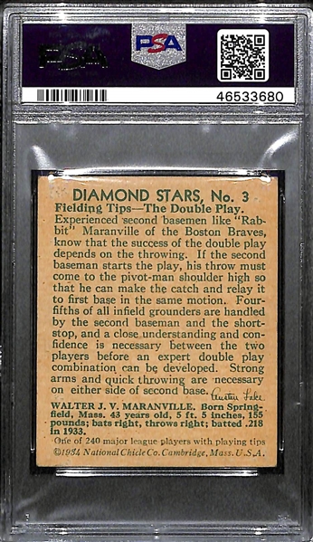 1934 Diamond Stars Rabbit Maranville #3 PSA 2 (Autograph Grade 8) - Only 3 Ever PSA Graded, Only 1 Higher