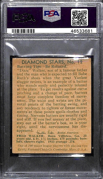 1934 Diamond Stars Dixie Walker #12 PSA 2 (Autograph Grade 6) - Pop 2, Only 2 Ever PSA Graded