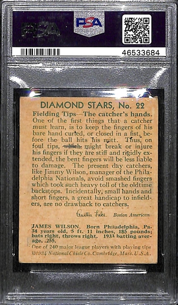 1934 Diamond Stars Jimmy Wilson #22 PSA 1 (Autograph Grade 7) - Pop 1 (Highest Grade - Only 2 PSA Graded)
