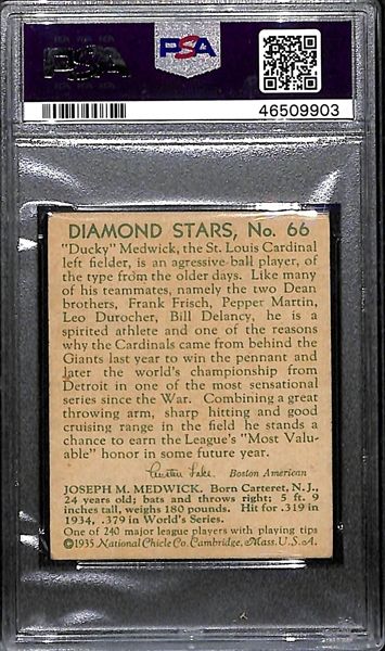 1935 Diamond Stars Joe Medwick #66 PSA 5 (Autograph Grade 9) - Pop 1 (Highest Graded)