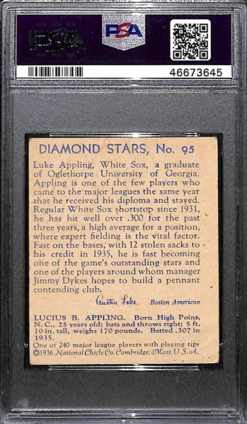 1936 Diamond Stars Luke Appling #95 PSA 1 (Autograph Grade 9) - Pop 1 (Only 3 Ever PSA Graded)