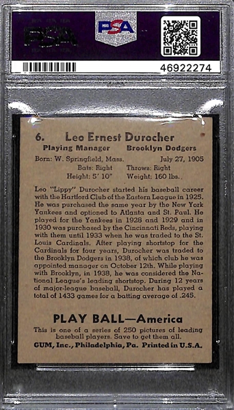1939 Play Ball Leo Durocher #6 PSA 6.5 (Autograph Grade 9) - Pop 1 (Highest Grade of 6 PSA Graded)