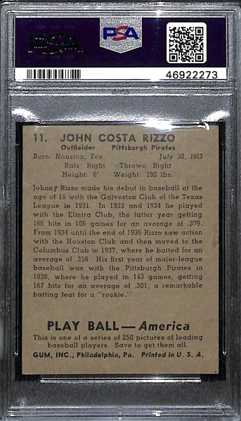 RARE 1939 Play Ball Johnny Rizzo #11 PSA 6 (Autograph Grade 9) - Pop 1 (ONLY ONE PSA Graded)