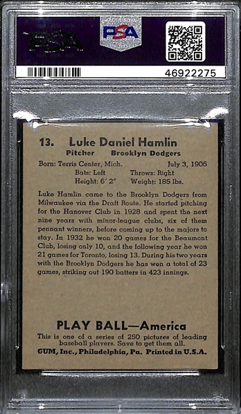 1939 Play Ball Luke Hamlin #13 PSA 4.5 (Autograph Grade 9) - Pop 1 (Only 2 Ever PSA Graded)