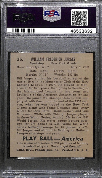 1939 Play Ball Bill Jurges #35 PSA 2 (Autograph Grade 9) - Pop 1 (Only 2 Ever PSA Graded)
