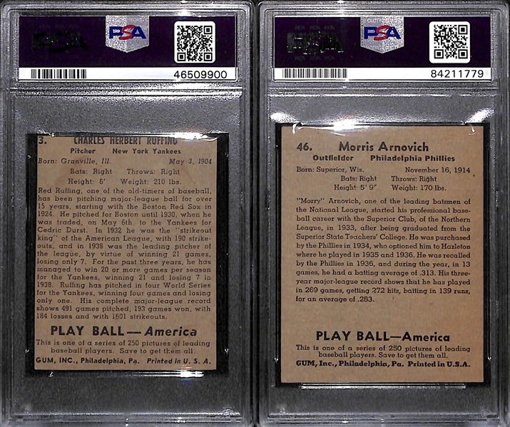 Lot of 2 - 1939 Play Ball Red Ruffing #3 PSA Authentic (Auto Grade 9) & Morrie Arnovick PSA Authentic Autograph