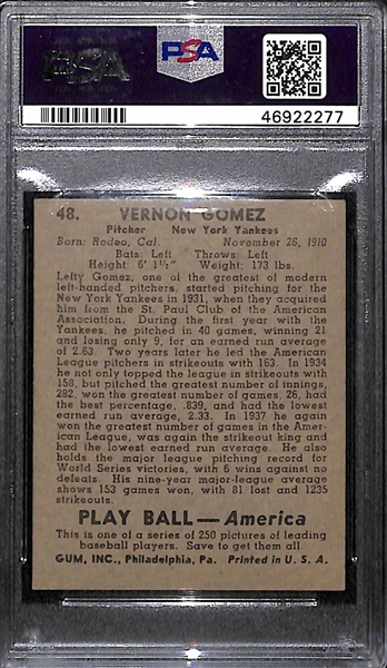 RARE (1/1) 1939 Play Ball Lefty Gomez (HoF) #48 PSA 7 (Autograph Grade 8) - Pop 1 (Highest Grade, Only 6 PSA Examples)