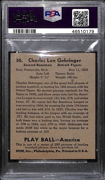 1939 Play Ball Charlie Gehringer #50 PSA 6 (Autograph Grade 9) - Pop 1 (Highest Grade - Only 5 PSA Examples Exist)