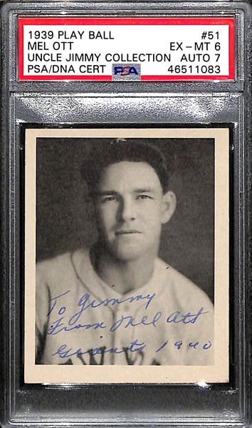 1939 Play Ball Mel Ott #51 PSA 6 (Autograph Grade 7) - Pop 1 (Highest Grade, Only 3 Examples Exist)