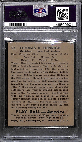 1939 Play Ball Tommy Henrich #52 PSA 5 (Autograph Grade 7) - Pop 1 (Highest Grade, Only 5 PSA Examples Exist)